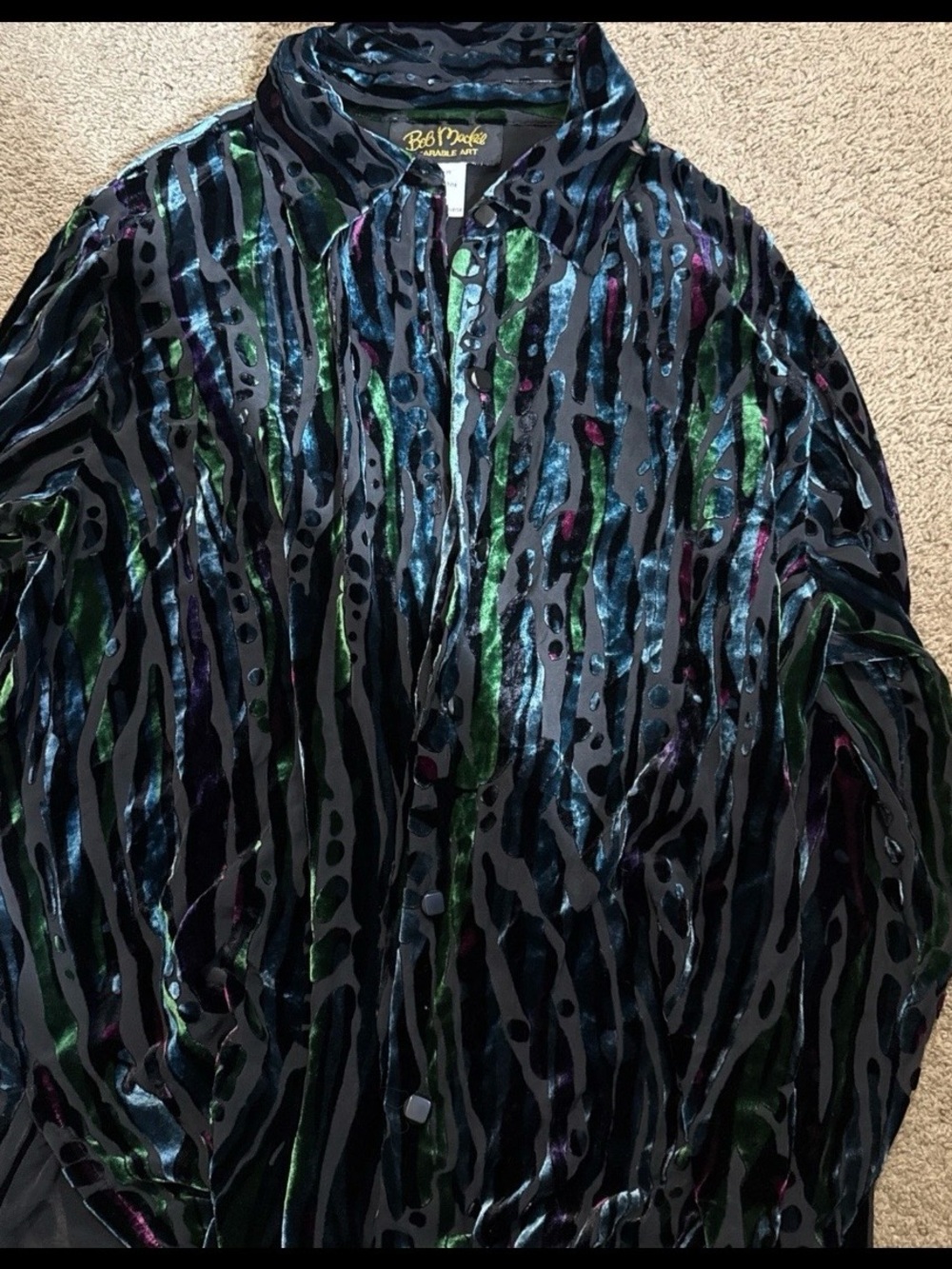 Bob Mackie Black Velvet-Striped Multicolor Button Front Blouse